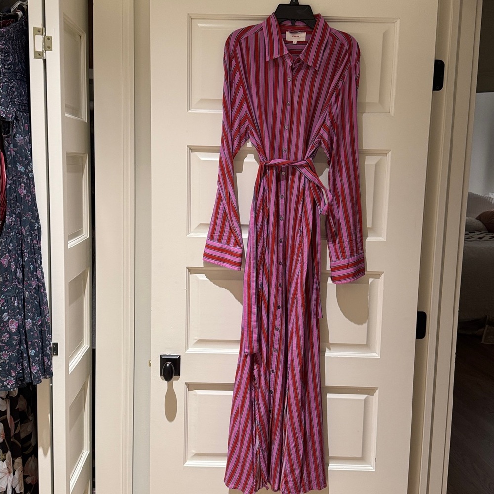 Striped Pink and Red Maxi Shirt Dress by Xirena sz M